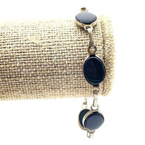 Vintage Silver Tone Bracelet Black Oval Cabochon Links Modern Minimalist Style